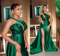 Custom Made Africa Mermaid Evening Dresses Sexy One Shoulder Satin Long Prom Gowns Aso Ebi Side Slit Aso Ebi Women Formal Dress