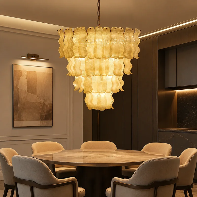 Luxury Murano Glass Chandelier Round Gold Iron Pendant Light for Living Dining Room Loft Villa Multi Tier LED Lighting Fixture