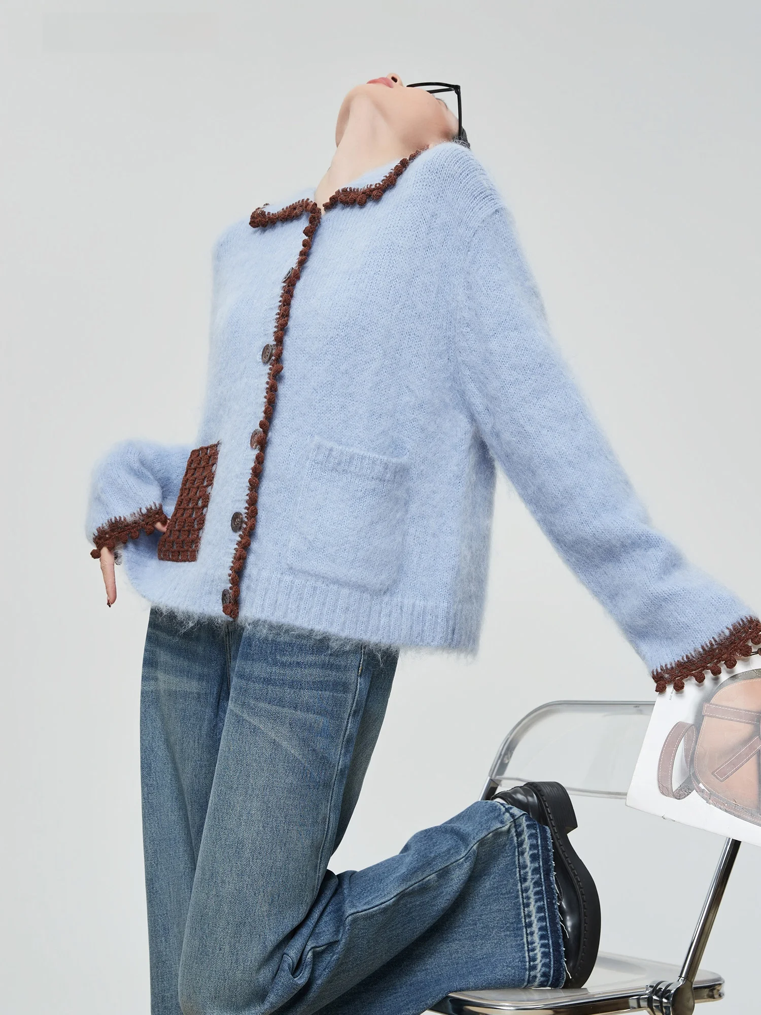 

Blue Handmade Hooked Flower Knitted Sweater Coat Women's Autumn Winter New Lazy Sle Soft Cozy Knitted Top round Ne Long S...