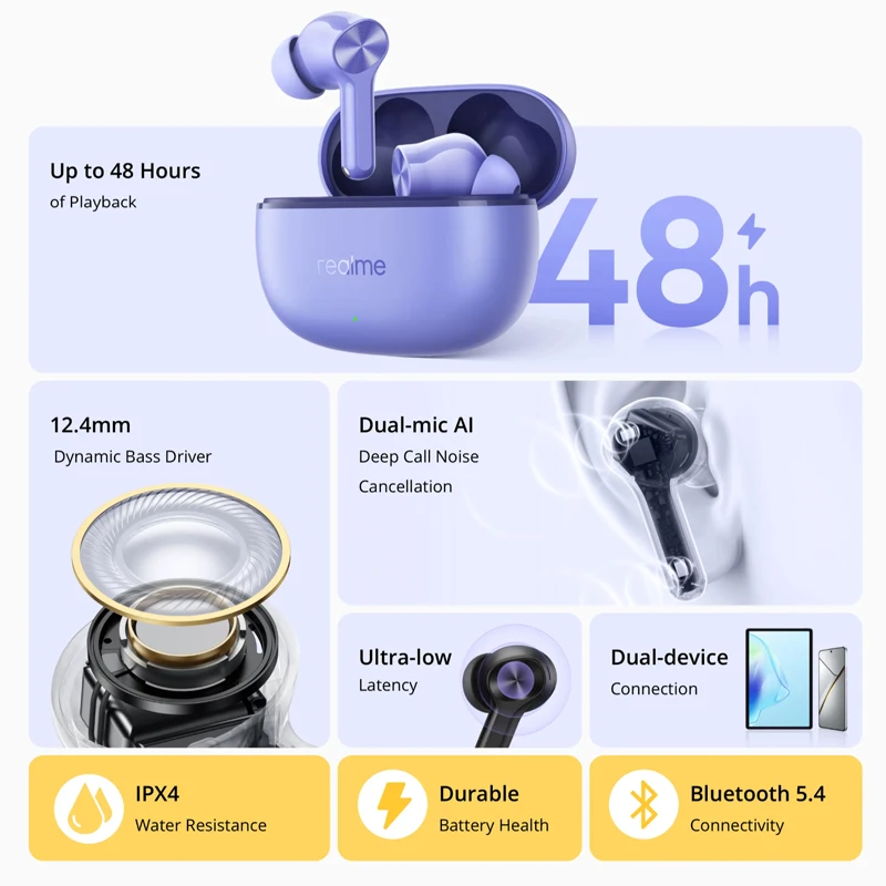   الإصدار العالمي من سماعات Realme Buds T200 Lite TWS مزودة بتقنية البلوتوث 5.4 وميكروفون مزدوج وإلغاء الضوضاء للمكالمات العميقة وتشغيل 48 ساعة
