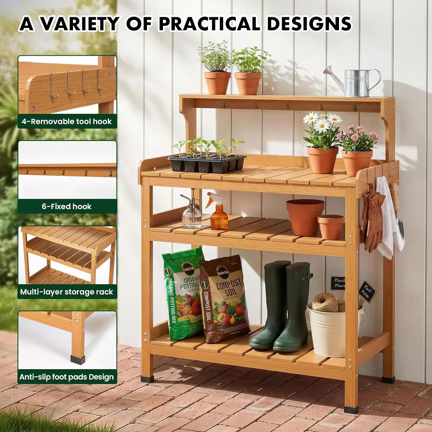 Potting Bench for Women Men, HDPS Outdoor Garden Table Workstation with 9 Hooks, 4-Tier Rack, All-Weather, Customized