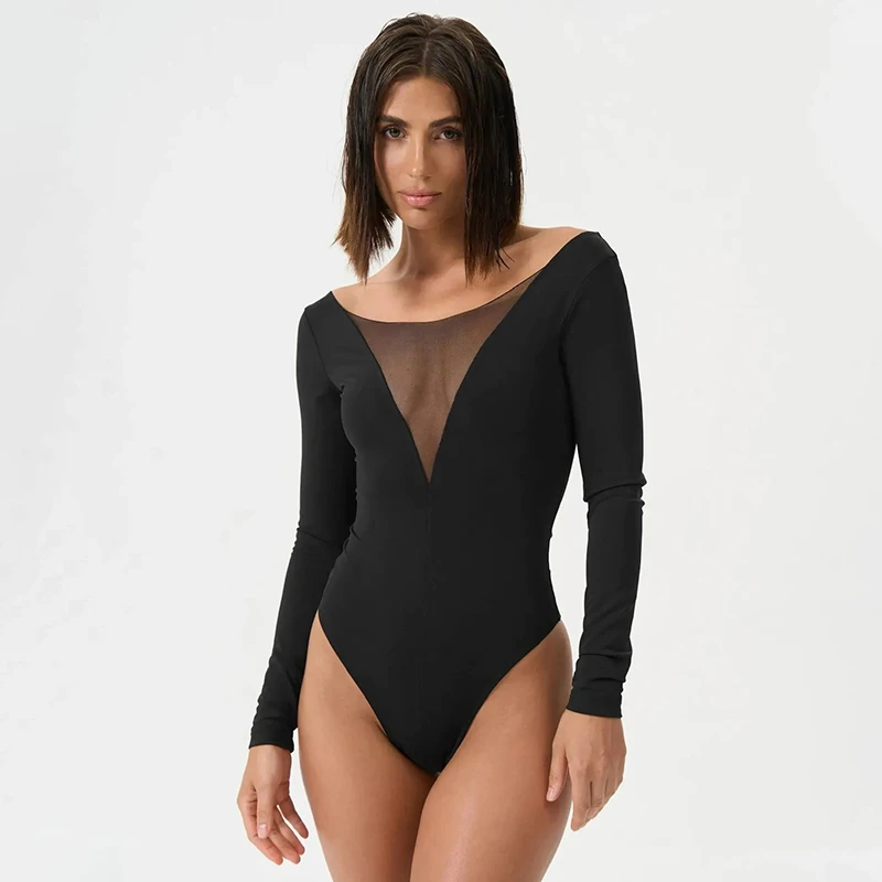 

CUTENOVA Women Summer See-Through Wide Collar Mesh Patchwork Solid Color Long-Sleeved Bodysuit Casual Simple Versatile Bodysuit