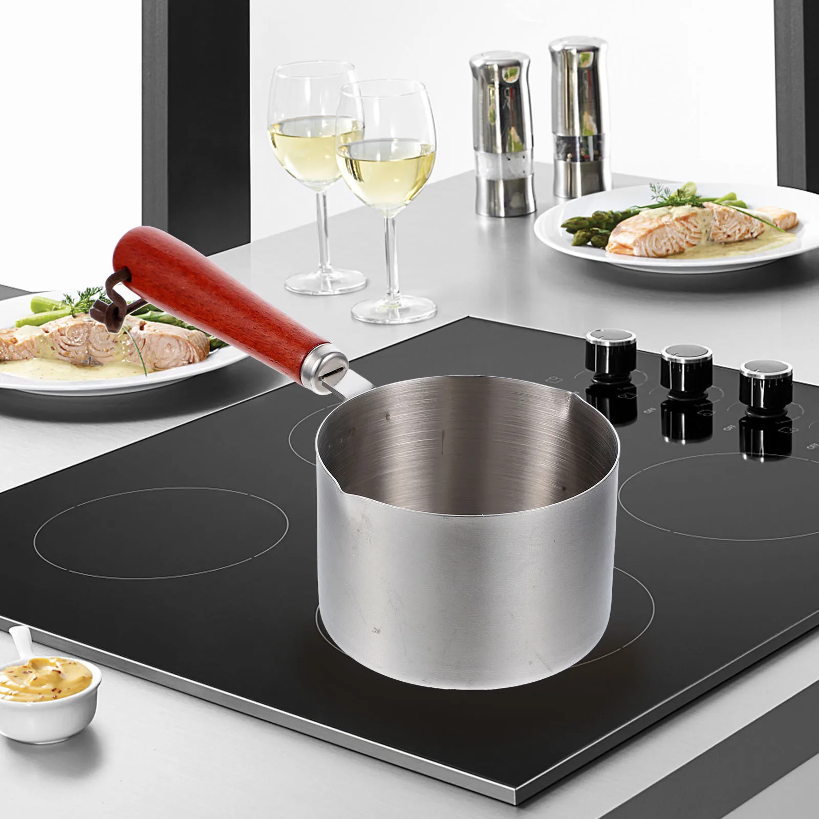 

Wood Handle Stainless Steel Saucepan Dual Pour Spout Small Pot Oil Pouring Pan Melting Pot Kitchen Tool Resistant