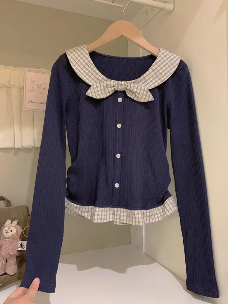 

Onalippa Korean College Autumn New Item Checkered Contrasting Splicing Slim Fit Versatile Long Sleeved T-shirt Bow Top Fashion