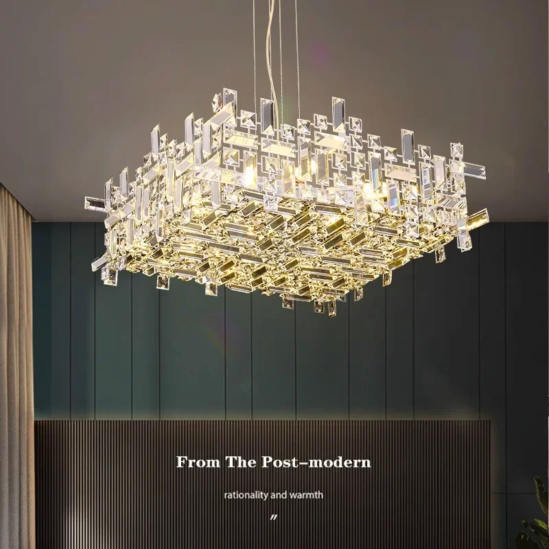 

Italian Square Rectangle Restaurant Crystal Chandeliers For Living Room Chrome Lustre Designer Bedroom Home Decor Lamp Fixtures