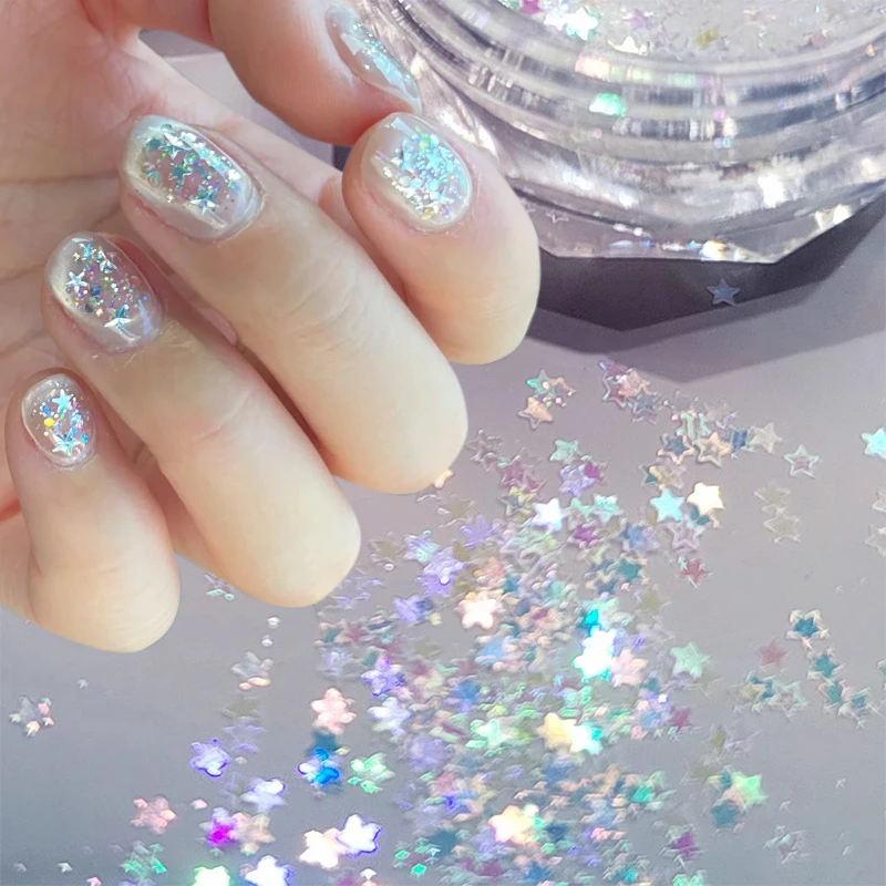 Ouro prata colorido brilhante em forma de estrela lantejoulas glitter flocos de laser em pó 3d decorações de unhas manicure material diy