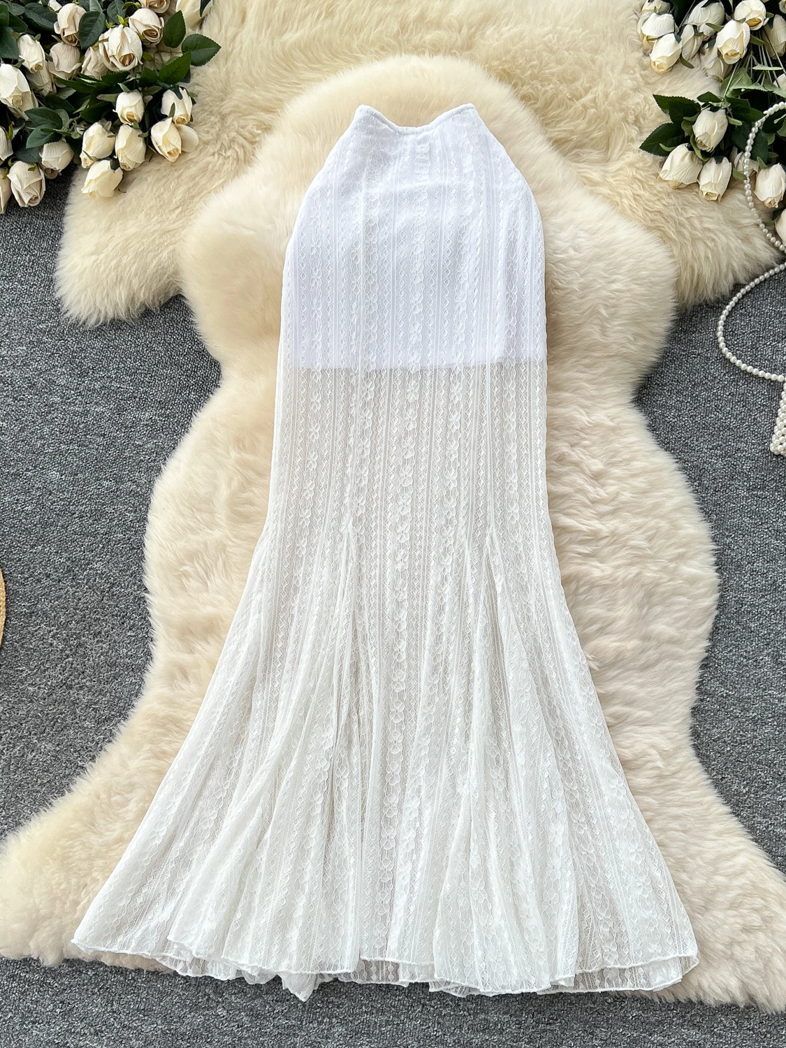 Ele Lace Fi Tail  Skirt Women's High Waist A-Line Skirt Slimming Fit Summer Commute Korean Sle Polyester Fiber