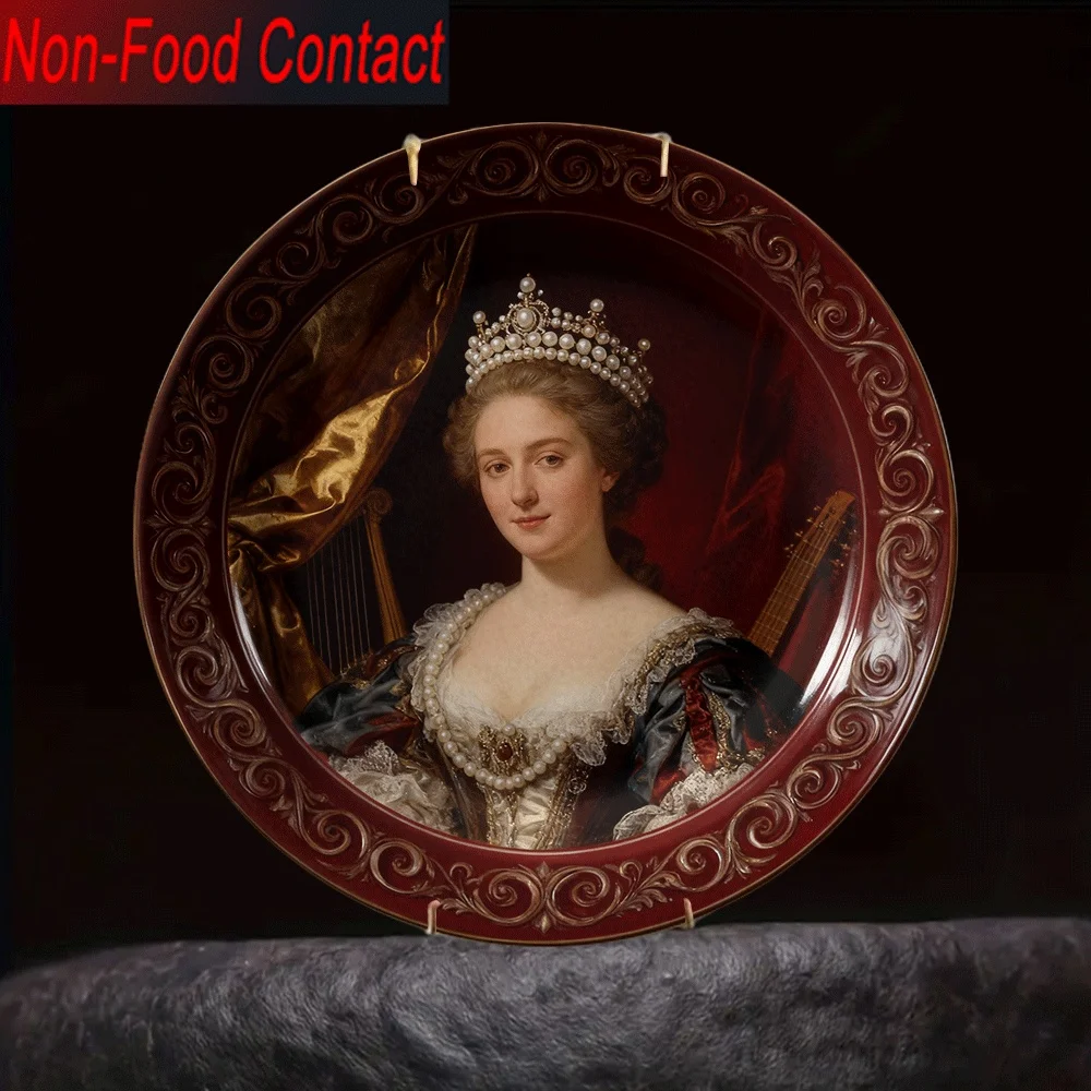 2D Flat - A 2D One-Piece European-Style Ceramic Decorative Plate Featuring a Noble Female Portrait with Golden Edges. It Is