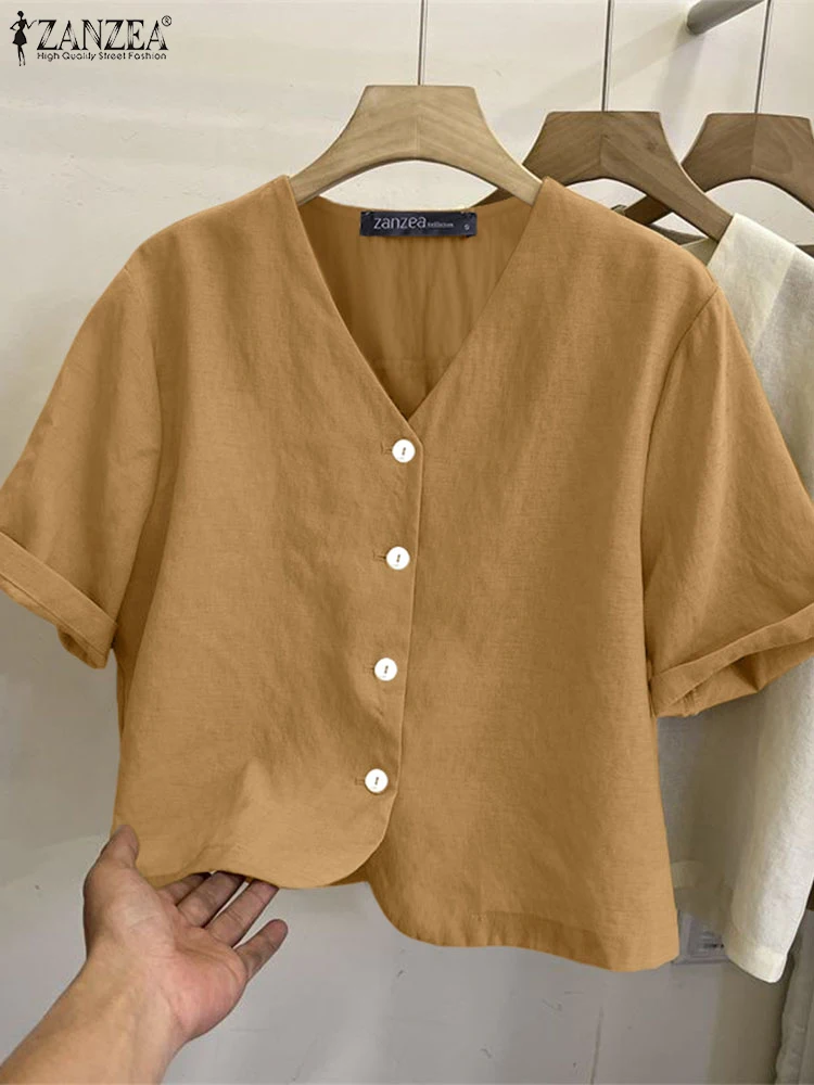 

ZANZEA Summer Fashion Shirts Women Elegant V-Neck Short Sleeve Blouse Casual Solid Button Crop Tops Female Work OL Blusas 2025