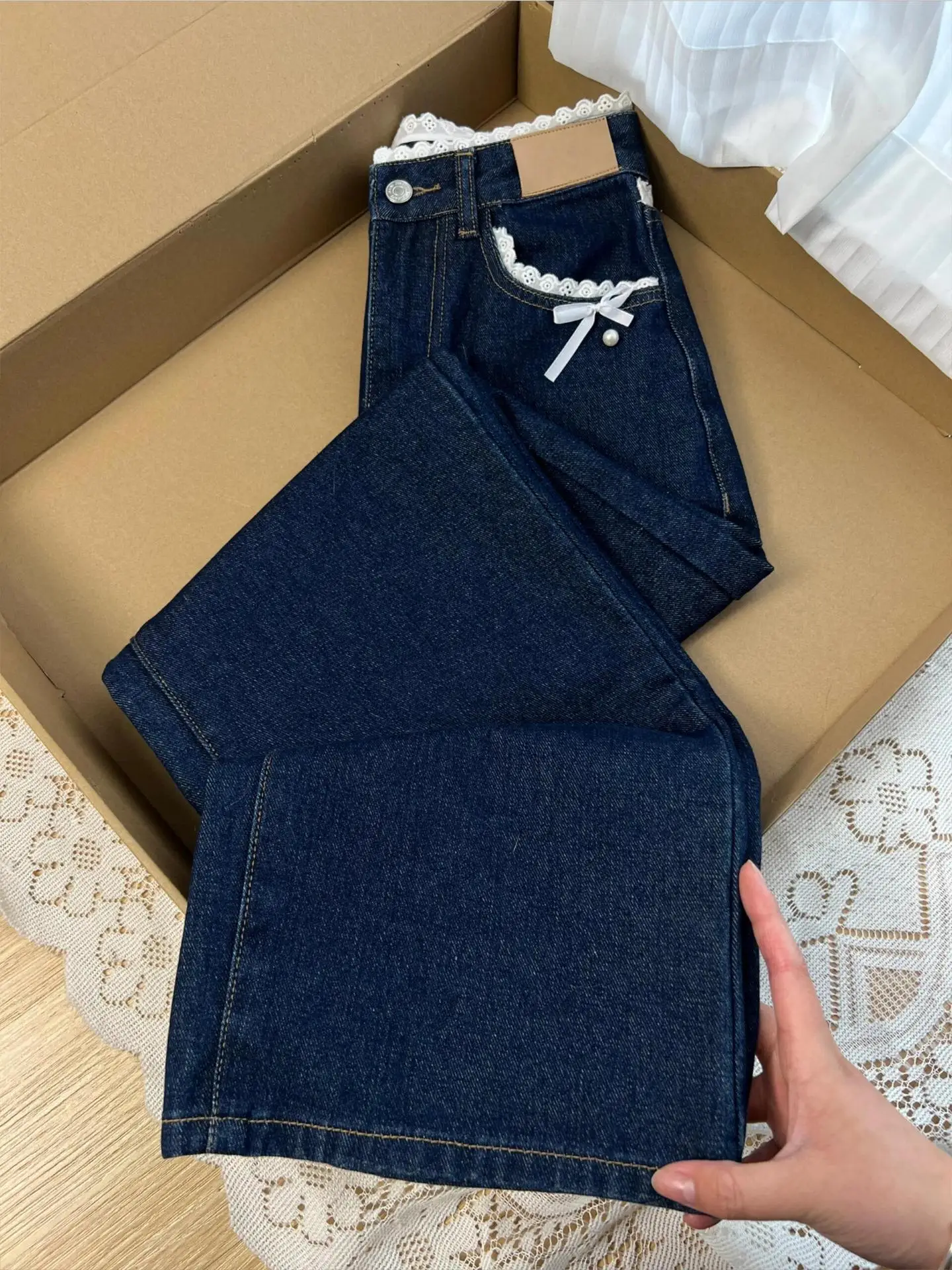 Women's Straight Classic Jeans Trousers For Woman Drawstring Elastic Waist Relaxed Loose Fit Female Clothing Denim Fashion