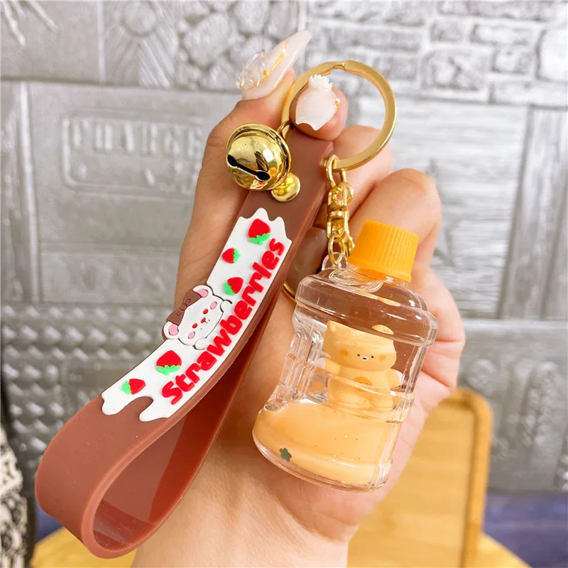 Cute Oil Bucket Keychain com lantejoula, Panda, sapo, líquido, areia movediça, cubo de gelo, coração, areia movediça, Dlower, garrafa, flutuante