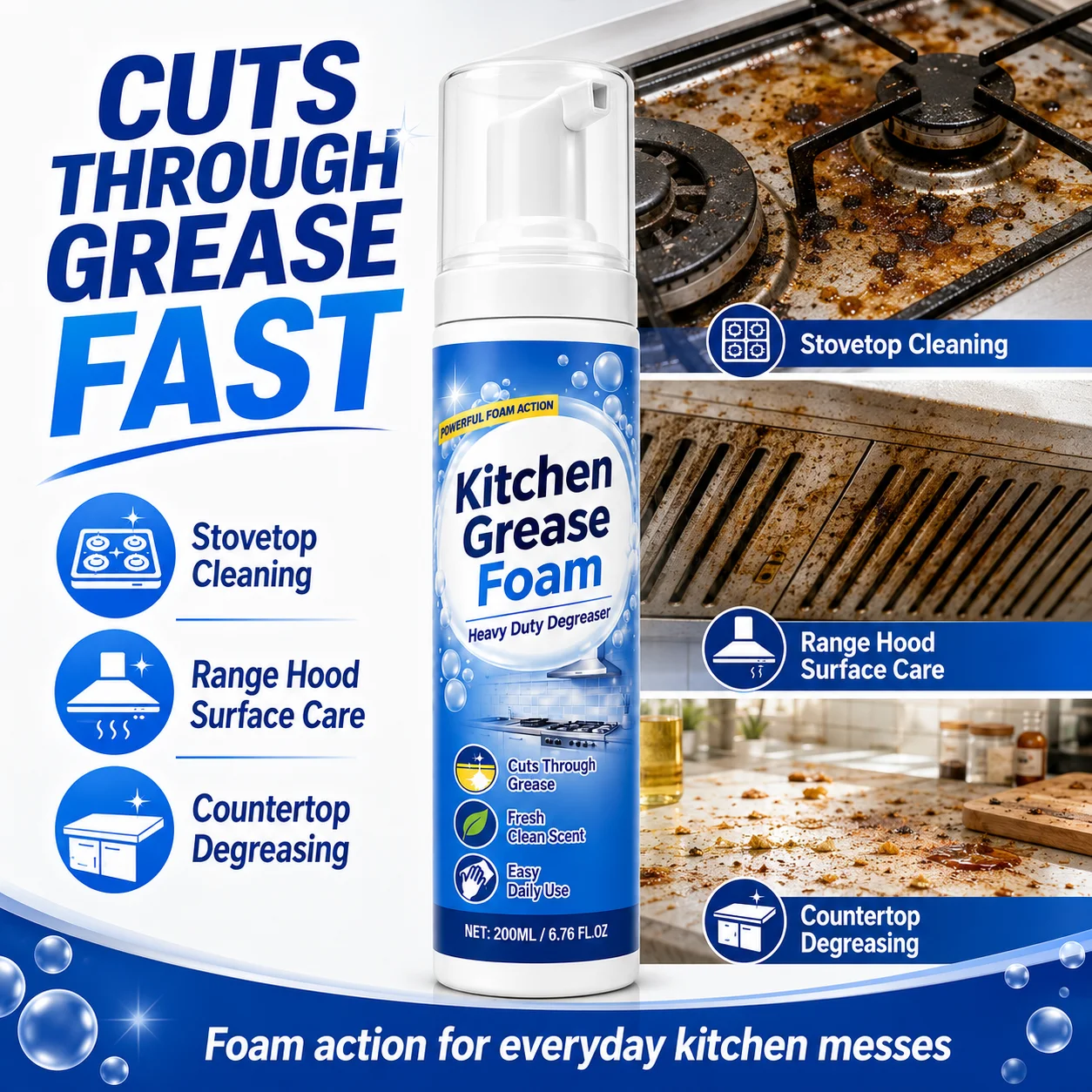 Stainless Steel Surface Cleaner Foam, Kitchen Degreaser & Grease Remover for Sink, Faucet, Stove, Range Hood, Appliances, Countertops, Home Cooks & Apartment Renters, 100ml