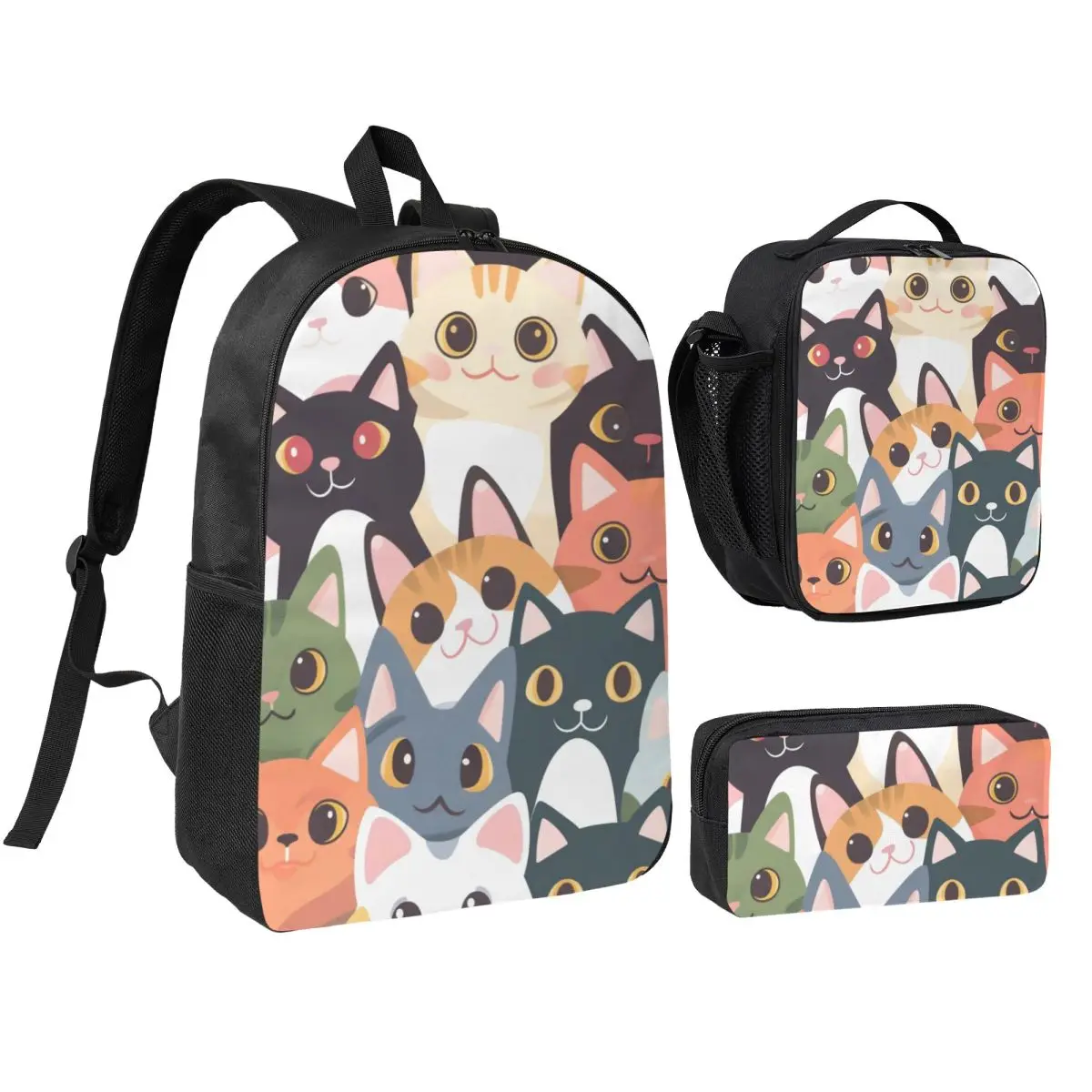 Cute Kitten Cat Cartoon Pattern Backpack Student BookBag School Bag Shoulder Bags 3ps Insulated Lunch Bag Pencil Case