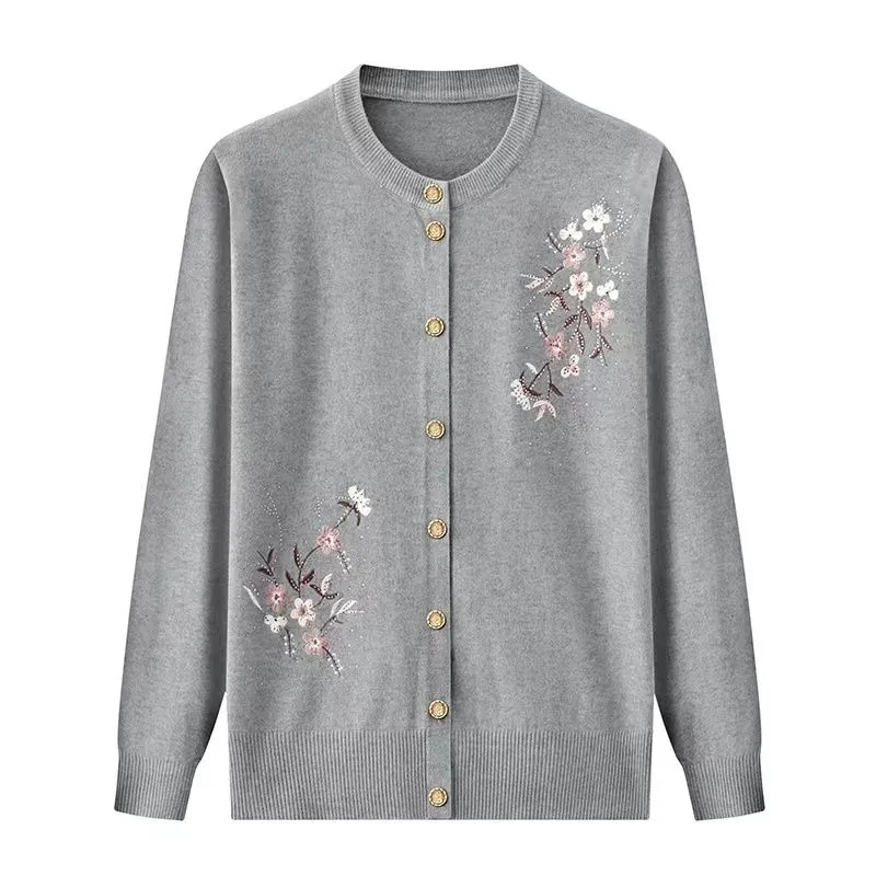 

Middle Age Women Embroidery Knitted Sweater Coats Autumn Casual Women Cardigans Jacket 60-70 Old Grandma Cardigan Jacket Outwear