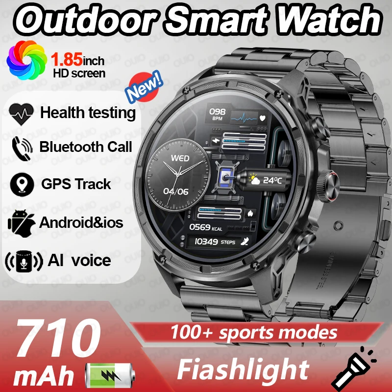 

2025 Новые спортивные умные часы на открытом воздухе, GPS-трек, светодиодный фонарик, 710 мАч, большой аккумулятор, компас, водонепроницаемые умные часы с Bluetooth-вызовом