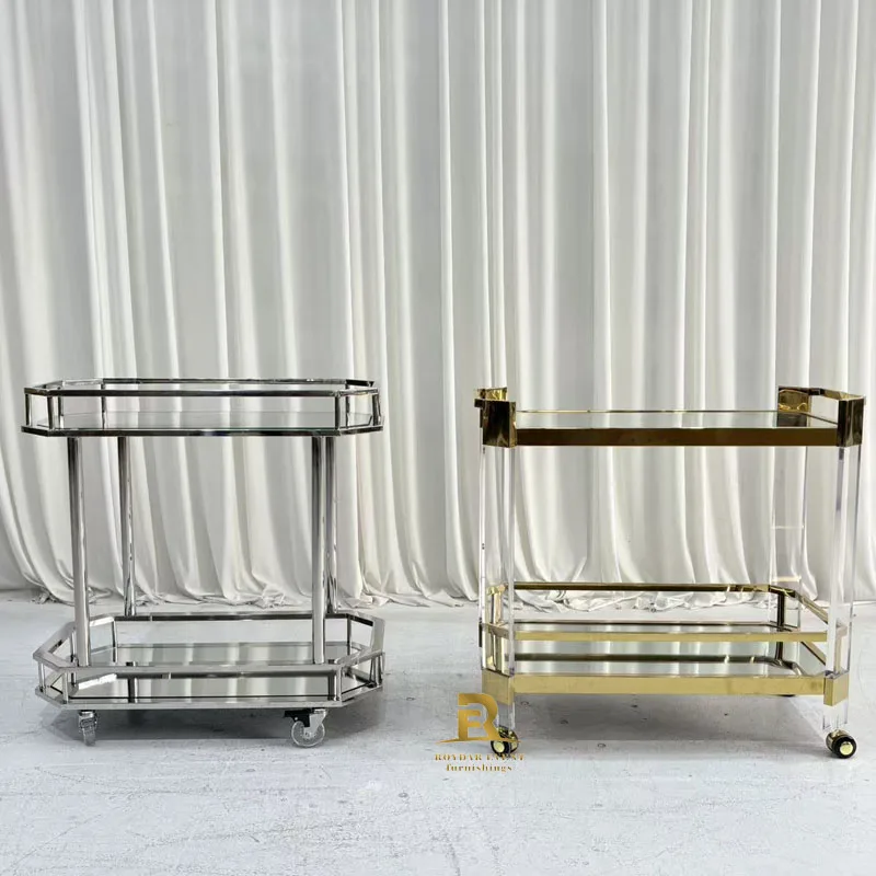 Luxury Gold Stainless Steel and Acrylic Bar Cart Modern Style Wheeled Service Cart