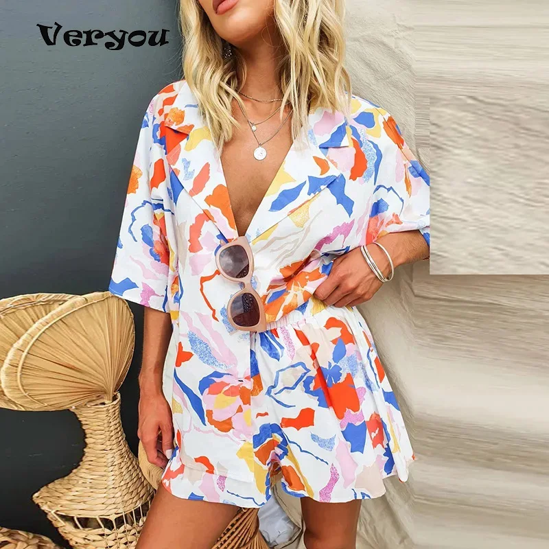 Summer Beach Holiday Tow Piece Set Women Casual Short Sleeve Flower Printed Button Shirt Cardigan Shorts Suit Female 2024