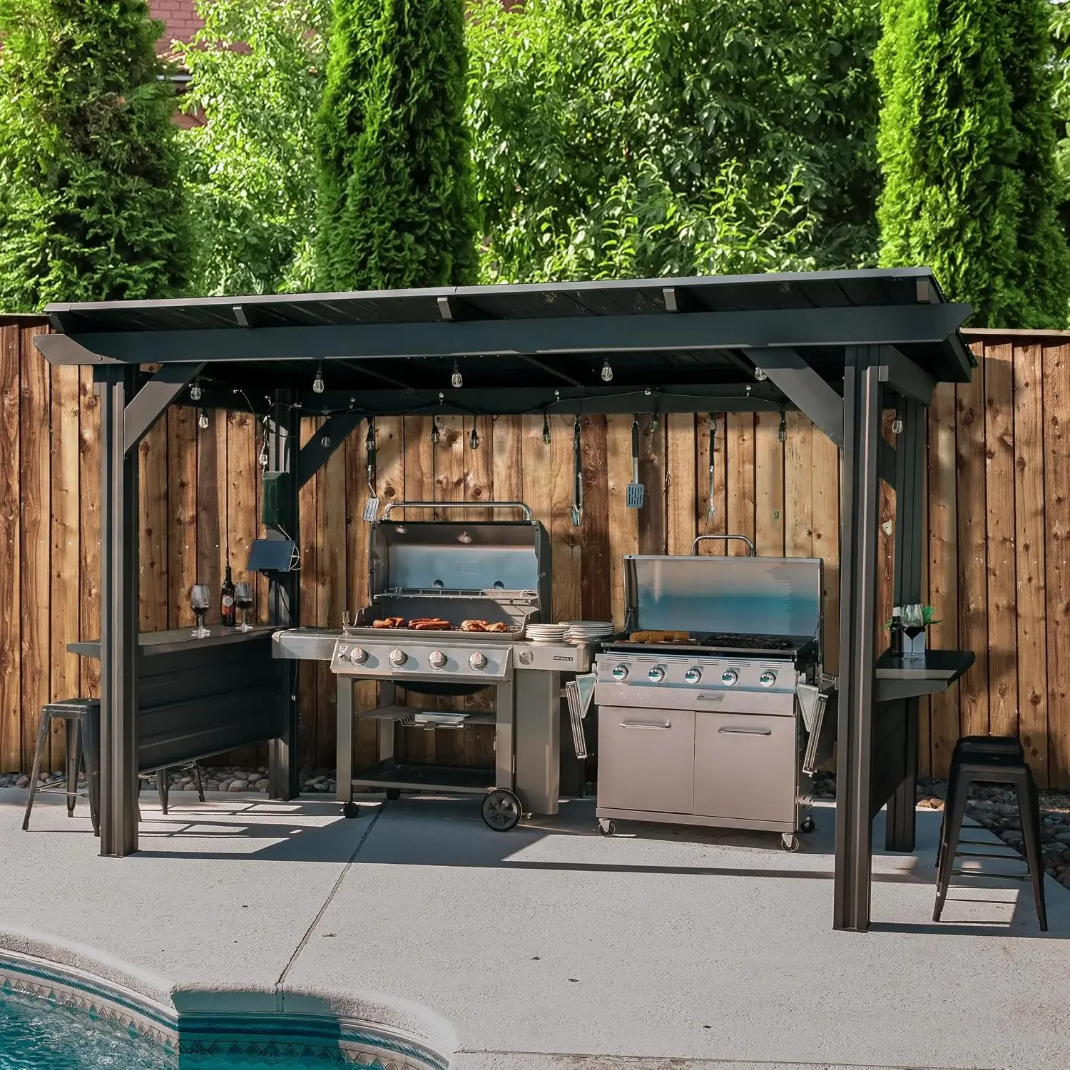 Rockport XL 12' x 6' Galvanized Steel BBQ Grill Gazebo Pavilion with Hardtop Steel Roof, Bar Tops, Powerport, Snow Support, Wind