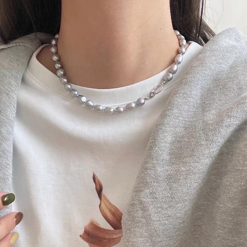 

SGARIT Grey Color Freshwater Pearl Necklace Chokers for Women's Girls Luxury New Pearl Clavicle Chain Sexy Jewelry Accessories