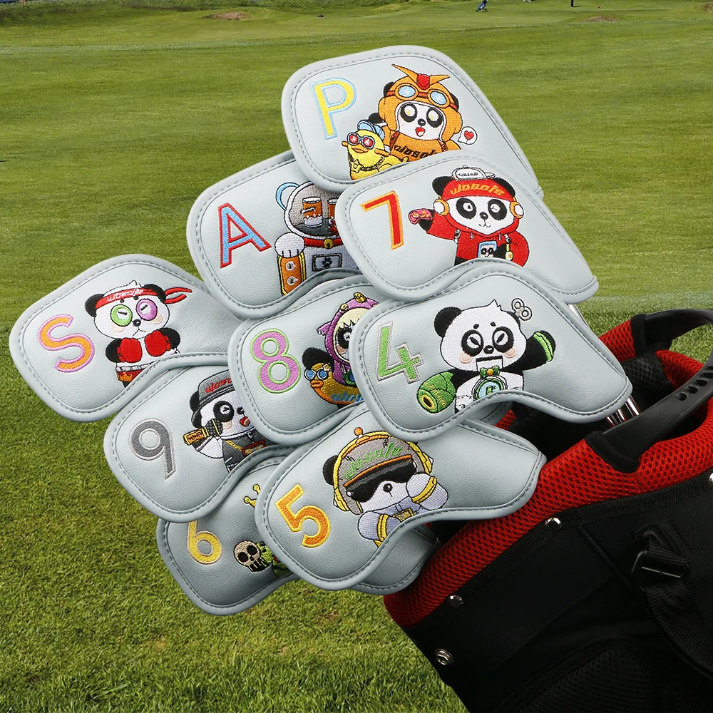 9 Pcs Golf Iron Headcover Cartoon Panda Embroidery 16*9cm PU Leather Protect Golf Club with Hook&Loop Design Water-Proof Durable