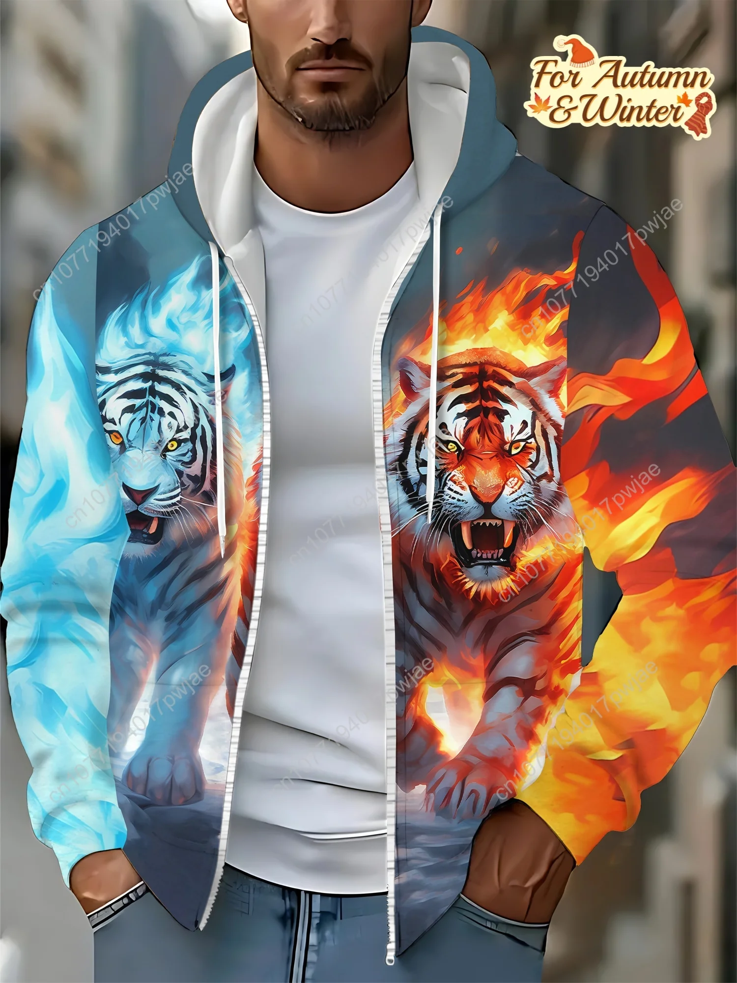 [Tiger Print Hooded Sweatshirt] Men's Tiger Print Casual Hooded Sweatshirt with Zipper | Autumn and Winter Outdoor Jacket, Draws