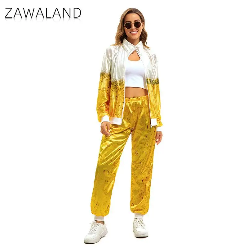 Vrouw Man Oktoberfest Bier Print Kostuum Retro 80s Disco Dans Kostuum Vintage Party Outfit Stage Performance Jas Broek Set