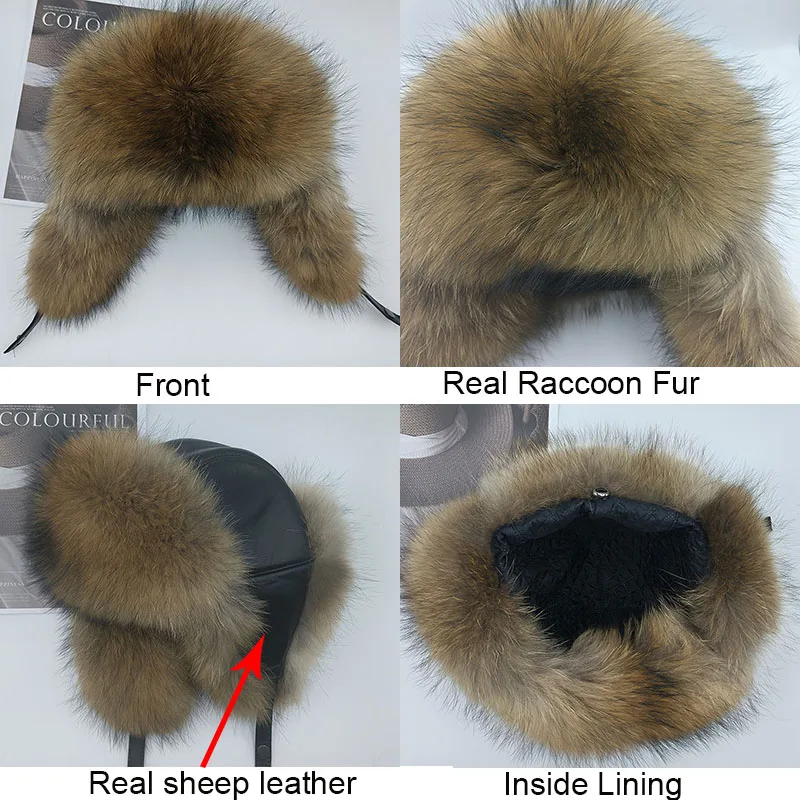 Luxury Real Raccoon Fur and Real Sheep Leather Fur Hat With Earflap Women Warm Thick Genuine Fur Bomber Hat Winter Fur Cap