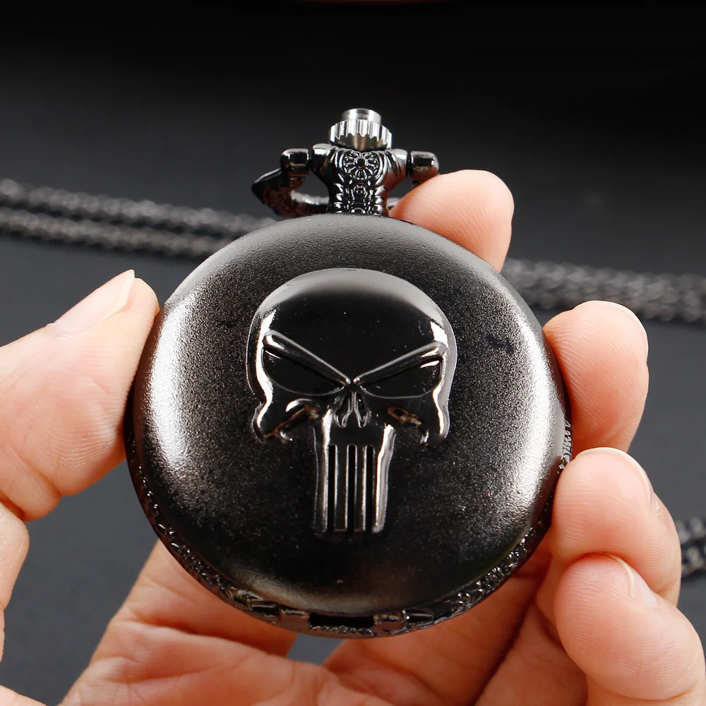 Retro Black Skull Quartz Pocket Watch Steampunk Watches Men Fans Souvenir Gifts with 80cm Neck Chain reloj de bolsillo