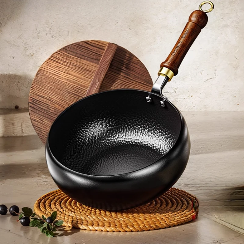 20/24/26/28cm Big Bellied Iron Woks Pan& Stir-Fry Pans with Glass Lid Cookware No Chemical Coated Hand Hammered Chinese Woks