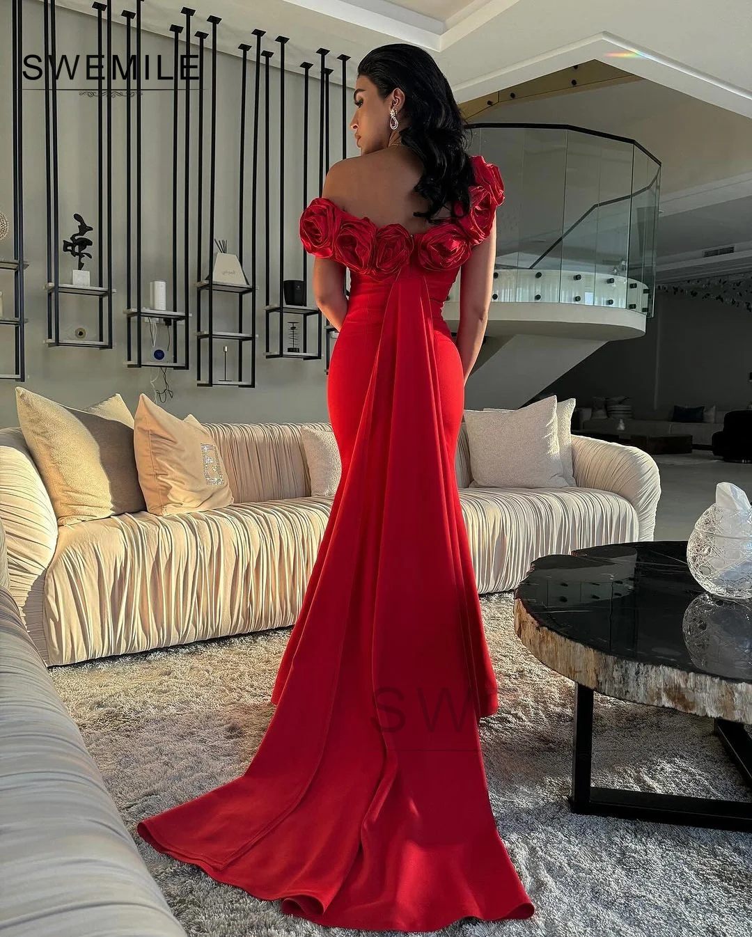 Red 3d Flowers Strapless Floor-Length Off-The-Shoulder Neckline Women\'S Evening Dresses Wedding Party Dress فستان حفلات الزفاف