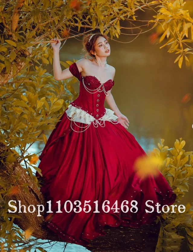 Vestidos de baile personalizados vintage vermelho espartilho banho morcego ocasião vestido babados pérola borlas vitoriano inchado bainha sem mangas baile