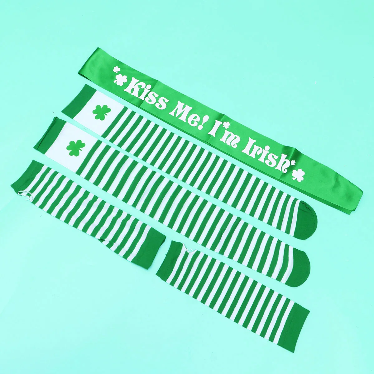 

St Patrick's Day Costume Accessories Kit Green Striped Gloves Stockings with Sash for Holiday Party Photo Shoot Celebrations