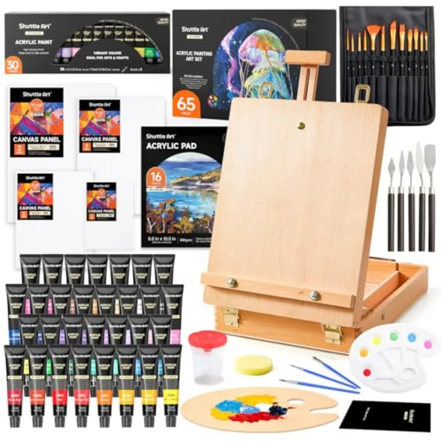 

65 Pack Acrylic Paint Set Acrylic Painting Set with Wooden Easel 30 Colors Acrylic Paint Painting Canvas Paint Brushes Palettes