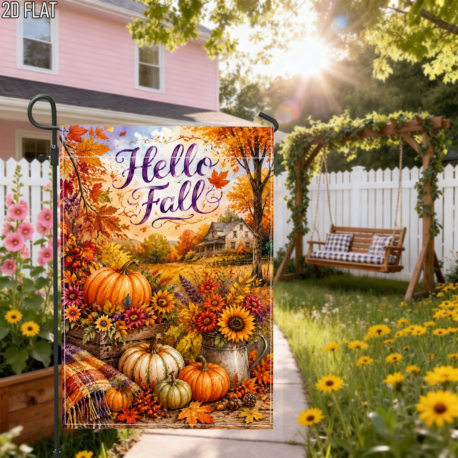 1pcs Hello Fall Rustic Farmhouse Autumn Garden Flag Pumpkin Sunflower Seasonal Yard Flag For Outdoor Fall Decor