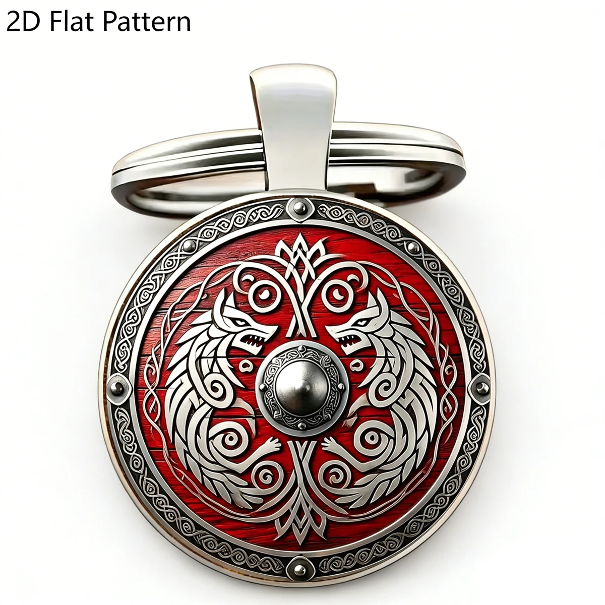 1 pièce Porte-clés Viking avec cabochon en verre 2D motif Bouclier Double Loup, Pendentif Clé Guerrier Viking Nordique, Bijou Cadeau, Amulette Nordique