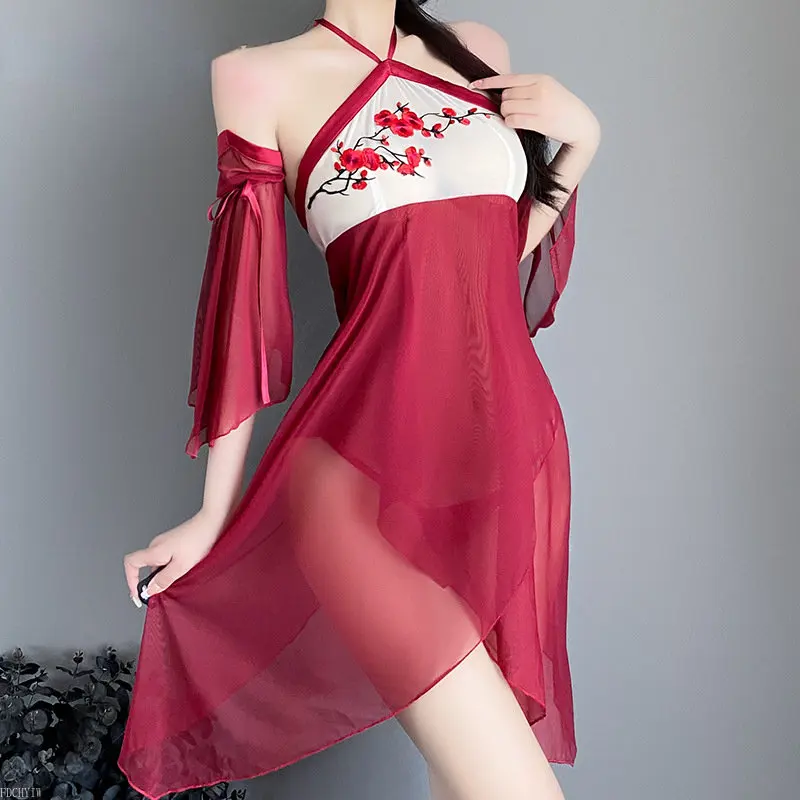 Ancient Chinese Costume Hanfu Women Erotic Lingerie Sexy Perspective Hanging Neck Plum Flower Embroidery Dress Long Sleeves Suit