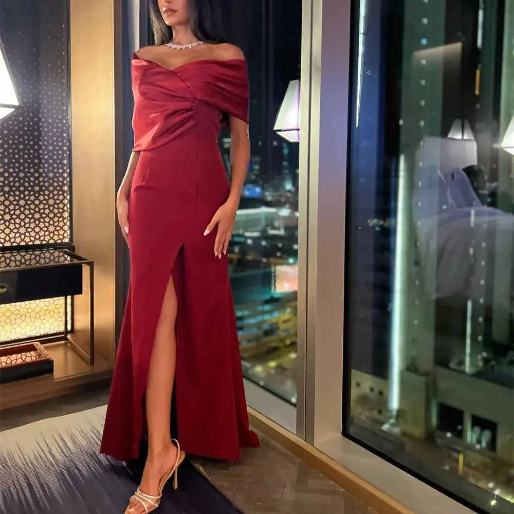 

Off the Shoulder High Side Slit Evening Dresses Red Sleeveless Pleat Prom Dress Modern Satin Backless Party Gown فساتين السهرة