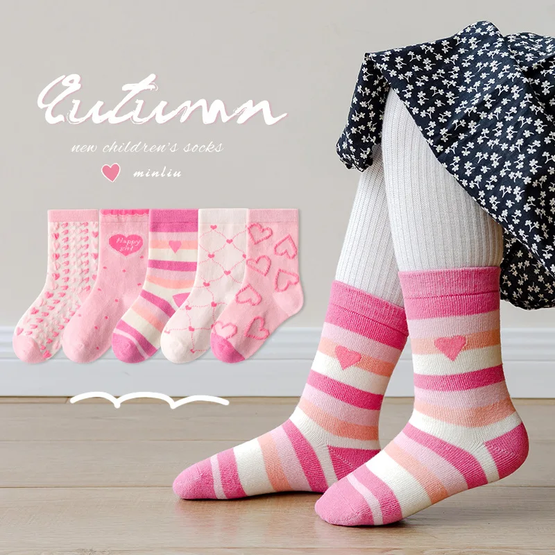 Little Girls Socks Spring Autumn Winter Cotton Socks Baby 1-12T Children's Calf Socks Girl Cartoon Love Pattern 5 Pairs Socks