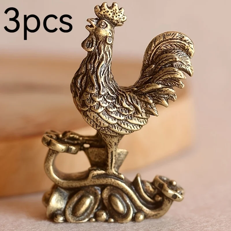 1/3 Vintage Feng Shui Brass Rooster Statues - Pure Copper Zodiac Series with Intricate Details and Gorgeous Base