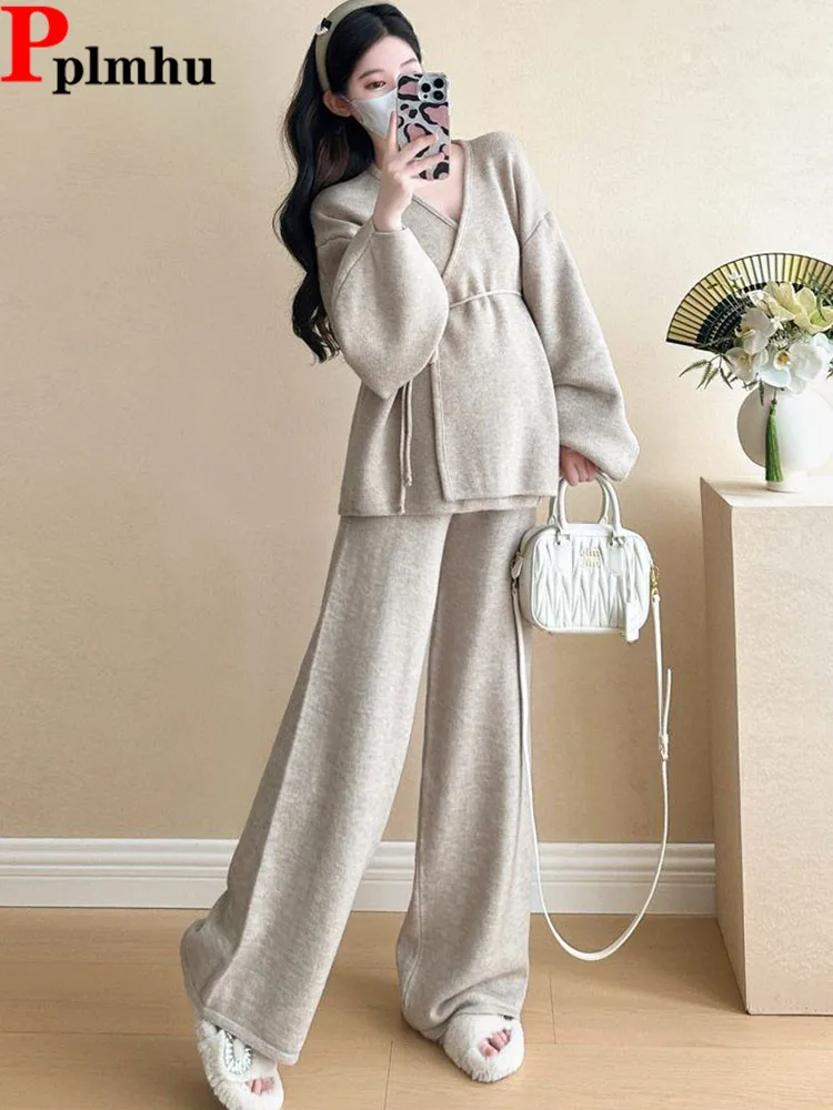 Classic Solid Knitted 2 Piece Sets Women V-neck Long Sleeve Knitwears Cardigan Conjuntos Casual High Waist Sweatpants Outfit New