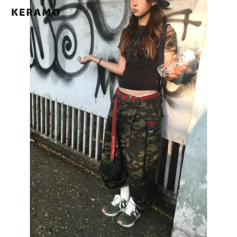 2024 Summer Women\'s Punk Casual Style Harajuku Shorts Vintage High Waist Loose Shorts Y2K Wide Leg Baggy Camouflage Denim Shorts