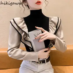 Contrast Color Woman T Shirts Long Sleeve Turtleneck Slim Fit Tees Korean Camisetas Fashion Ruffles Y2k Tshirt 2024 Ropa Mujer