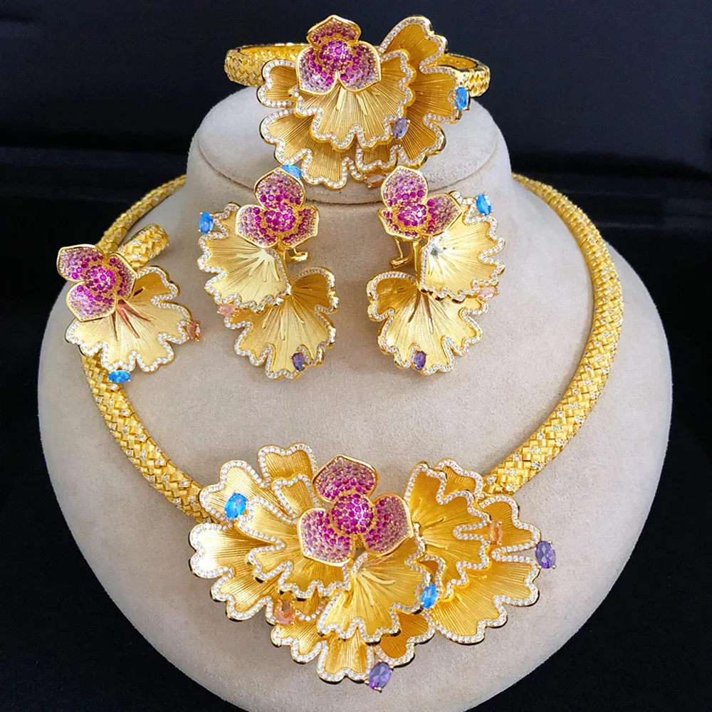 

Soramoore New Luxury Flowers Jewelry Sets Necklace Bangle Earrings Ring 4PCS For Women Gold Plated Bridal Wedding Jewelry Sets