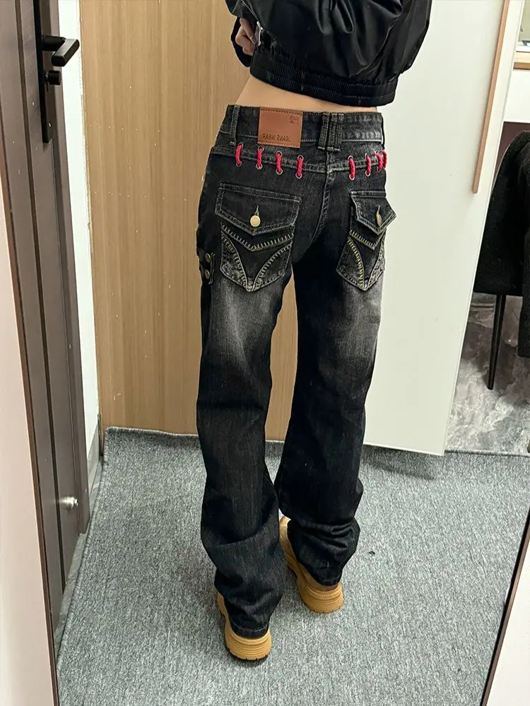 Deeptown Black Gothic Women Jeans Y2k Washed Low Waist American Vintage Straight Denim Trousers Grunge Slim Belt Gyaru Casual