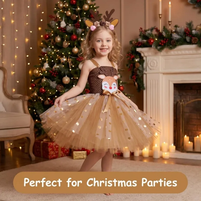Christmas Elk Themed Princess Tutu Dress Mesh Tulle Fluffy Party Outfit for Holiday Role Play & Stage Performance