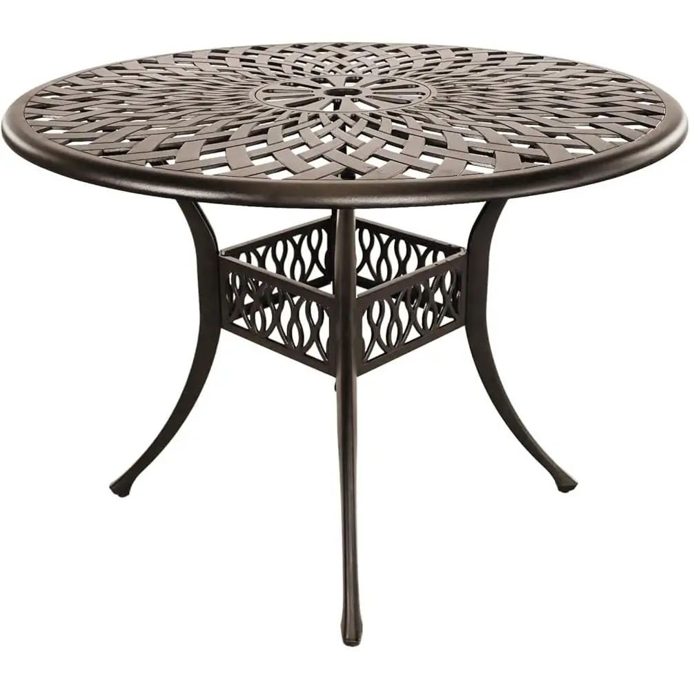 Outdoor Round Cast Aluminum Patio Dining Table with Umbrella Hole Sturdy Anti Rust Backyard Garden Deck Poolside Gathering