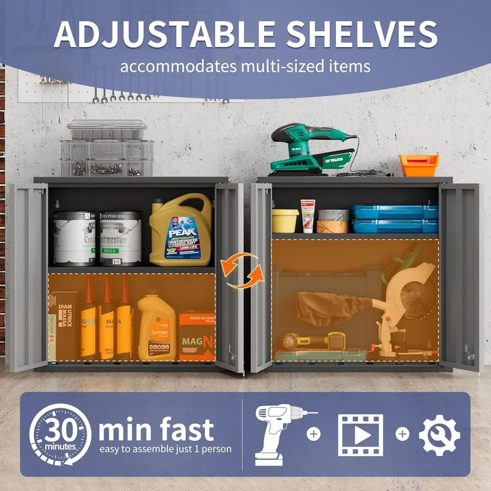 Металлические гаражные настенные шкафы с двумя дверцами, регулируемая полка, запираемый, черный, плавающий шкаф для хранения инструментов с перфорированной доской