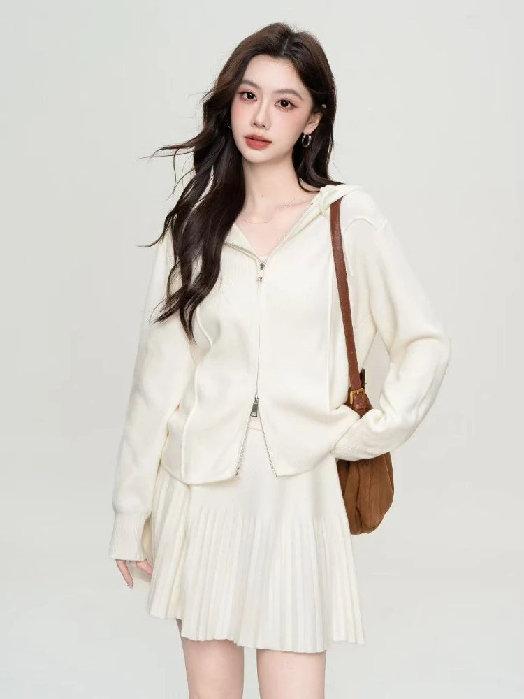 Autumn Winter Kint Zipper Hooded Cardigan Skirt Sets Elegant Korean Fashion Coats Two Piece Sets Womens Outifits Long Sleeve Top