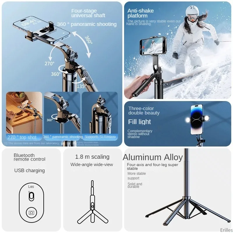 1.8M Long Extended Bluetooth Wireless Selfie Stick 360° Horizontal Vertical Panoramic Balance Shooting Live Broacast Foldable