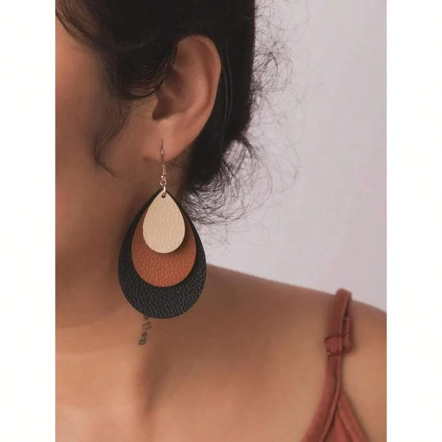 

Boho Chic Faux Leather Triple Layer Teardrop Waterdrop Dangle Drop Earrings, Vintage Bohemian Hippie Statement Jewelry Gift For